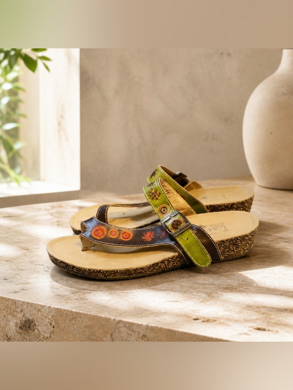 L'ATISTE Spring Step Lorian Wedge Toe-Loop Sandal Green/Brown